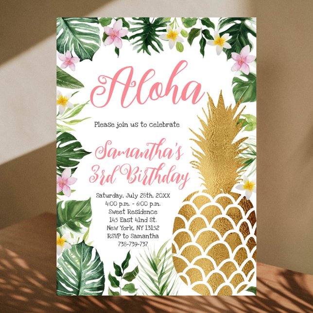 Invitación Aloha Tropical Floral Birthday Gold Pineapple (Subido por el creador)
