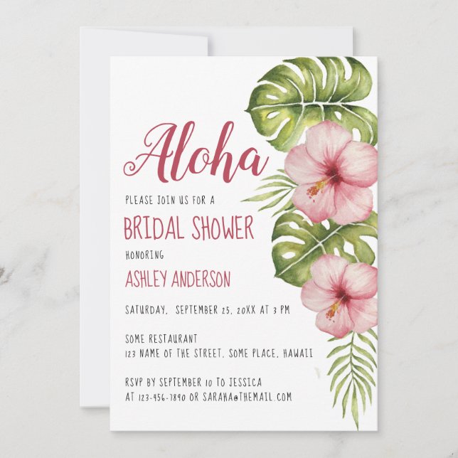 Invitación Aloha Tropical Floral Bridal Shower Hibiscus Pink (Anverso)