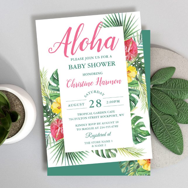 Invitación Aloha Tropical Floral Pink Baby Shower (Subido por el creador)
