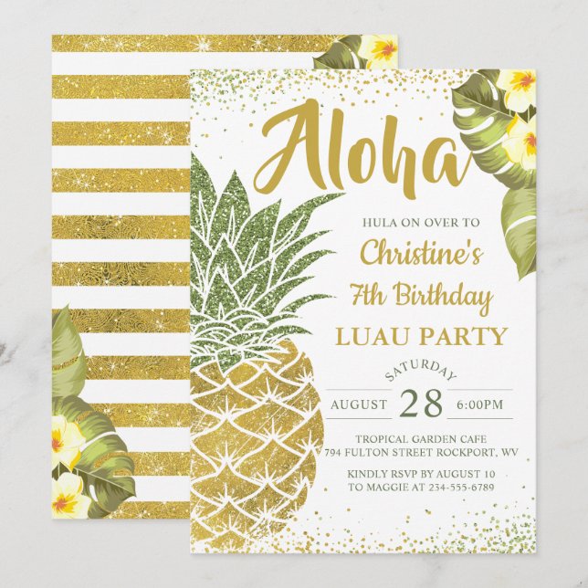 Invitación Aloha Tropical Green Gold Pineapple Cumpleaños (Anverso / Reverso)