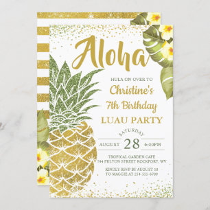 Invitación Aloha Tropical Green Gold Pineapple Cumpleaños