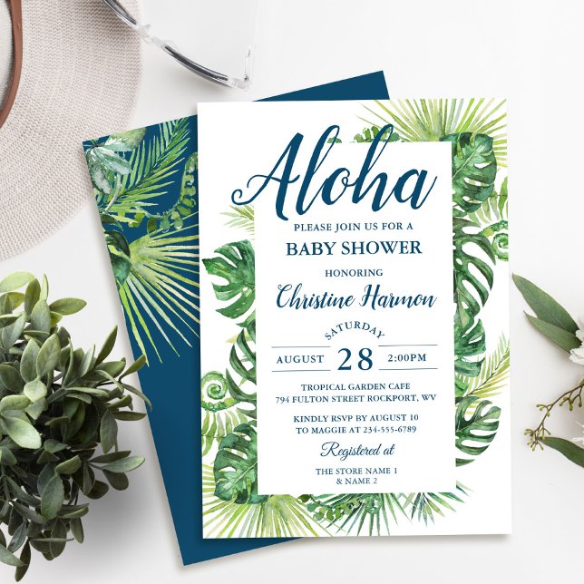 Invitación Aloha Tropical Greenery Blue Baby Shower (Subido por el creador)