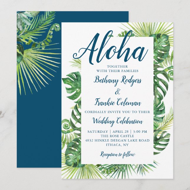 Invitación Aloha Tropical Greenery Blue Beach Wedding (Anverso / Reverso)