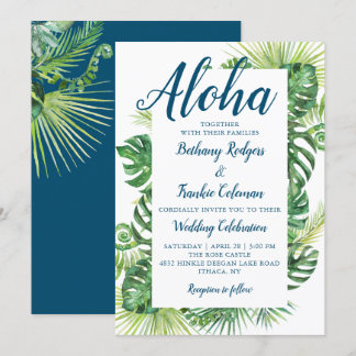 Invitación Aloha Tropical Greenery Blue Beach Wedding
