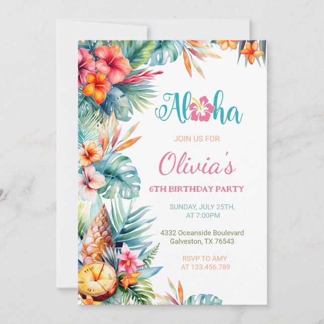 Invitación Aloha Tropical Hawaiano Chica Floral Fiesta de Cum (Anverso)