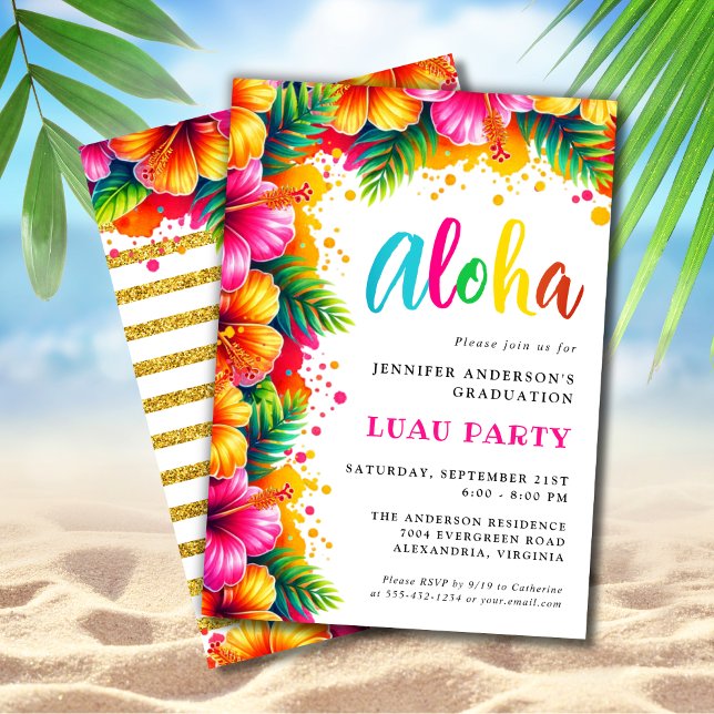 Invitación Aloha Tropical Luau Purpurina Partido de Graduació (Subido por el creador)