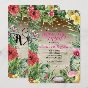 Invitación Aloha Tropical Madera Floral Hojas y Luces Luau