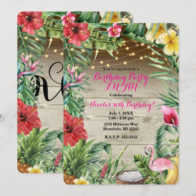 Invitación Aloha Tropical Madera Floral Hojas y Luces Luau (Anverso / Reverso)