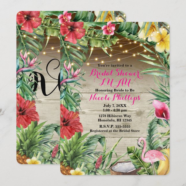 Invitación Aloha Tropical Madera Floral Hojas y Luces Nupcial (Anverso / Reverso)