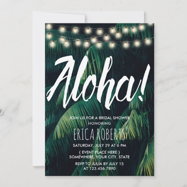 Invitación Aloha Tropical Palm deja ducha de novia en la play (Anverso)