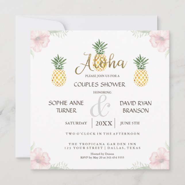 Invitación Aloha Tropical Pineapple Beach Couples Shower (Anverso)