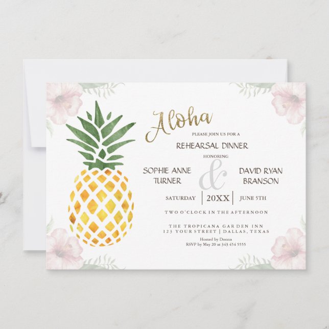 Invitación Aloha Tropical Pineapple Beach REHEARSAL CENNER (Anverso)