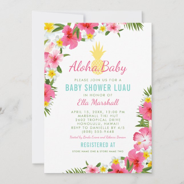 Invitación Aloha Tropical Pineapple Floral Rosa Baby Shower (Anverso)