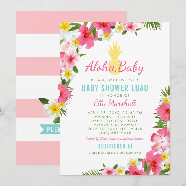 Invitación Aloha Tropical Pineapple Floral Rosa Baby Shower (Anverso / Reverso)