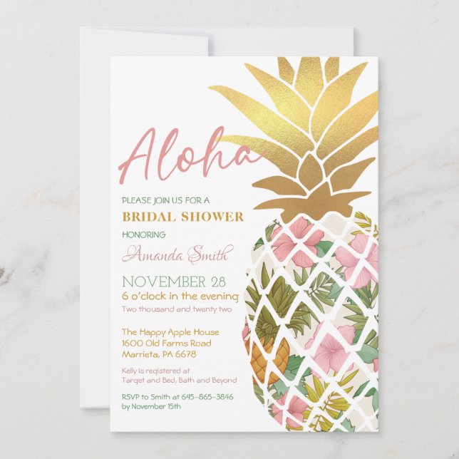 Invitación Aloha Tropical Pineapple Gold Leaf Bridal Shower (Anverso)