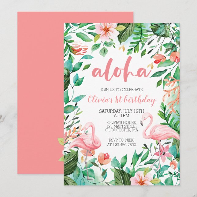 Invitación Aloha Tropical primer cumpleaños flamingo luau (Anverso / Reverso)