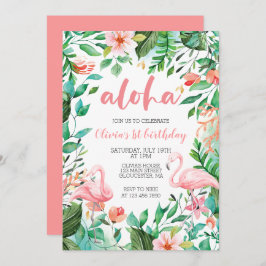 Invitación Aloha Tropical primer cumpleaños flamingo luau