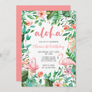 Invitación Aloha Tropical primer cumpleaños flamingo luau