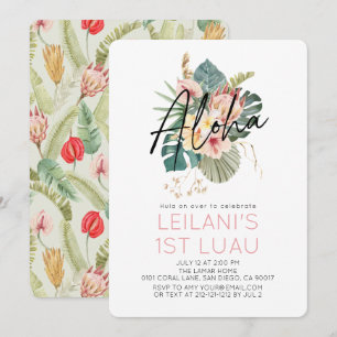 Invitación Aloha Tropical Rosa Floral Hibisco Cumpleaños 1