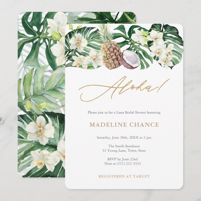 Invitación Aloha Tropical White Green Bridal Shower Fiesta (Anverso / Reverso)