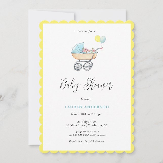 Invitación Alojador de época con flores Baby Shower (Anverso)