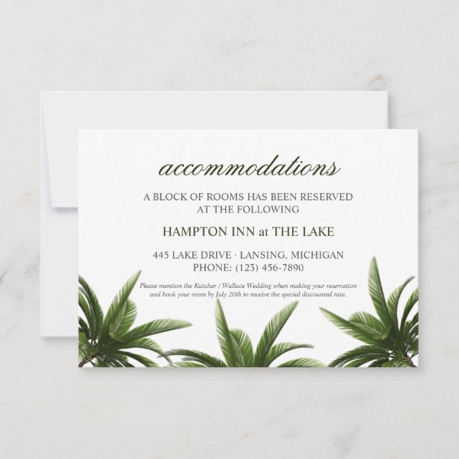 Invitación Alojamiento Boda verde palmera tropical (Anverso)