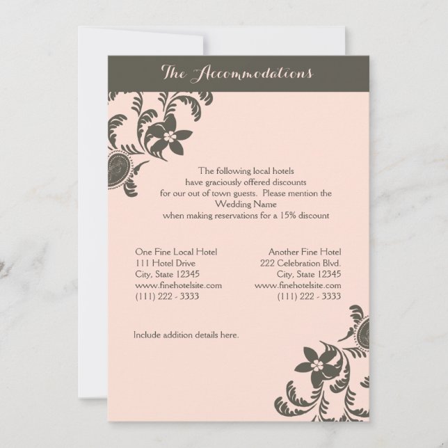 Invitación Alojamiento con flores rosadas y marrones paisley (Anverso)