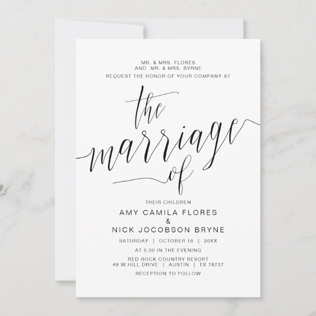Invitación Alojamiento de padres, caligrafía negra, matrimoni (Anverso)