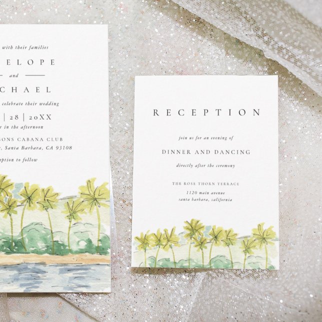 Invitación Alojamiento de recepción de bodas tropicales de pa (Watercolor palm trees beach scene wedding reception information enclosure cards.)