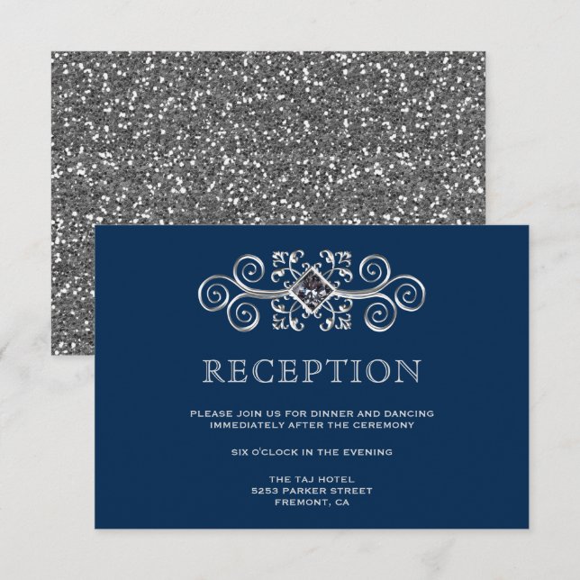 Invitación Alojamiento de recepción florido de plata azul de  (Anverso / Reverso)