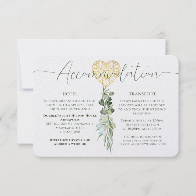 Invitación Alojamiento Elegante Boda del Foliage del Corazón  (Anverso)