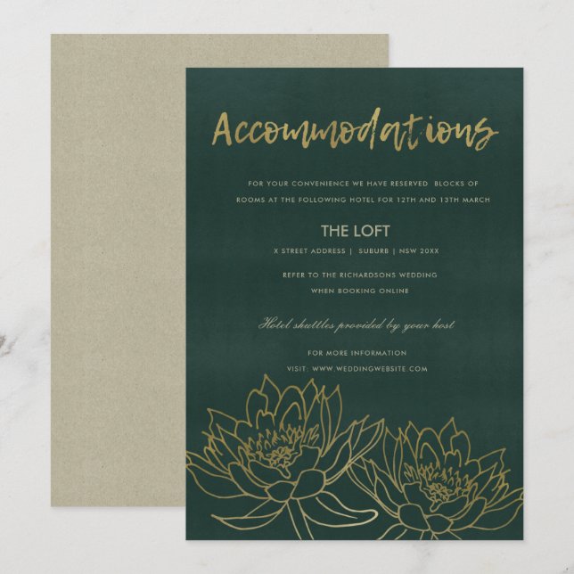 INVITACIÓN ALOJAMIENTO FLORAL GLAMOROUS GOLD GREEN LOTUS (Anverso / Reverso)