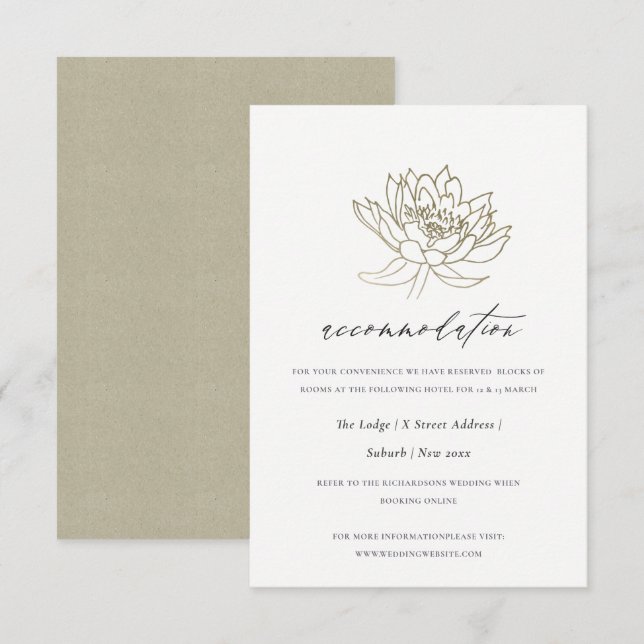 INVITACIÓN ALOJAMIENTO FLORAL GLAMOROUS GOLD WHITE LOTUS (Anverso / Reverso)