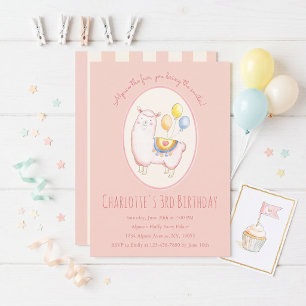 Invitación Alpaca acuarela con globo Cumpleaños rosa rubor