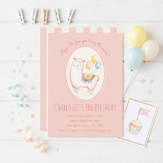 Invitación Alpaca acuarela con globo Cumpleaños rosa rubor