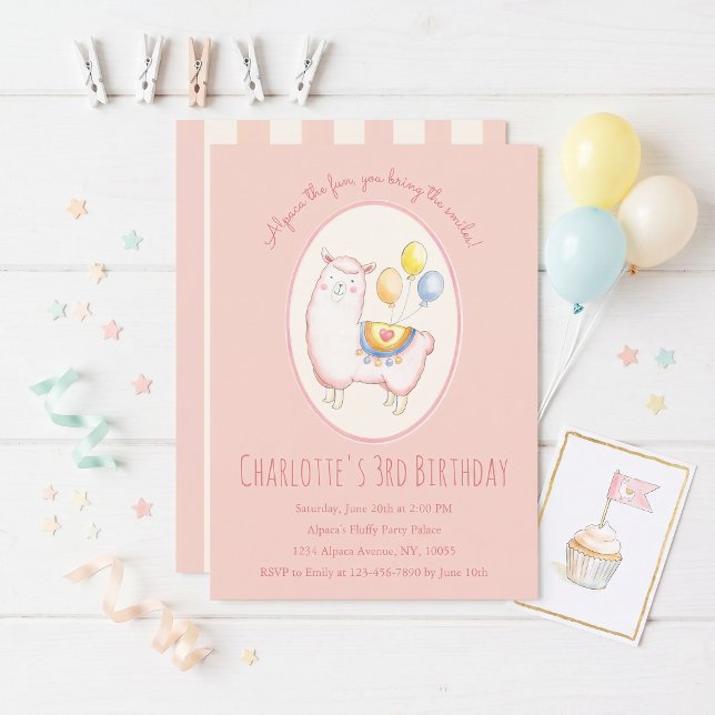 Invitación Alpaca acuarela con globo Cumpleaños rosa rubor (Subido por el creador)