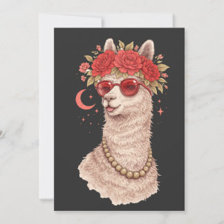 Invitación Alpaca con corona floral y gafas de sol rojas