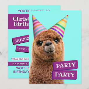 Invitación Alpaca con sombreros de fiesta