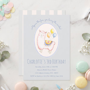 Invitación Alpaca de acuarela con globo Cumpleaños azul claro