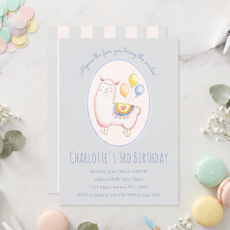 Invitación Alpaca de acuarela con globo Cumpleaños azul claro
