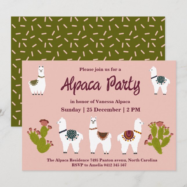 Invitación Alpaca Fiesta Cactus Cumpleaños Rosa (Anverso / Reverso)