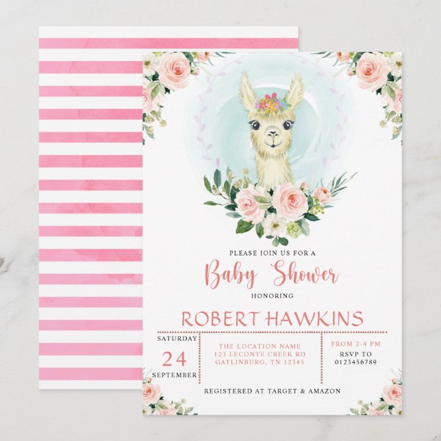 Invitación Alpaca Llama Chica Floral Rosa Baby Shower (Anverso / Reverso)
