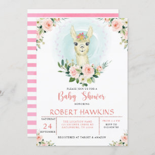 Invitación Alpaca Llama Chica Floral Rosa Baby Shower