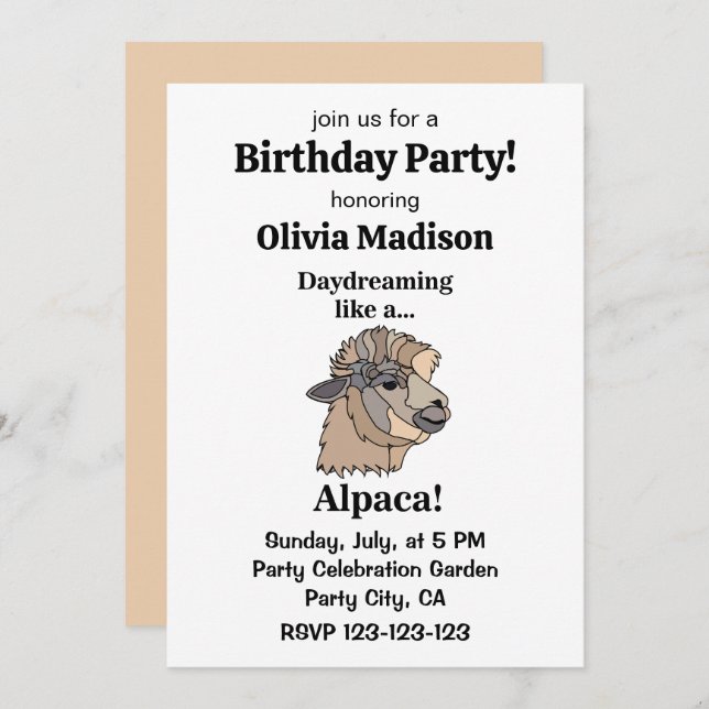 Invitación Alpaca Llama Funny Birthday Party (Anverso / Reverso)