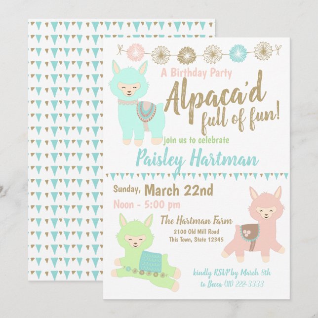Invitación Alpaca llena de fiesta de cumpleaños divertida (Anverso / Reverso)