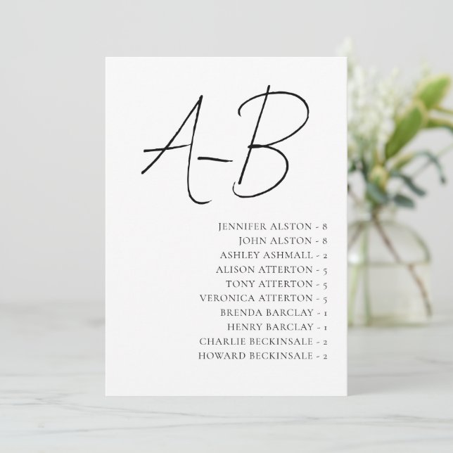 Invitación Alphabetical Seating Chart,Minimalist Wedding Card (Anverso de pie)