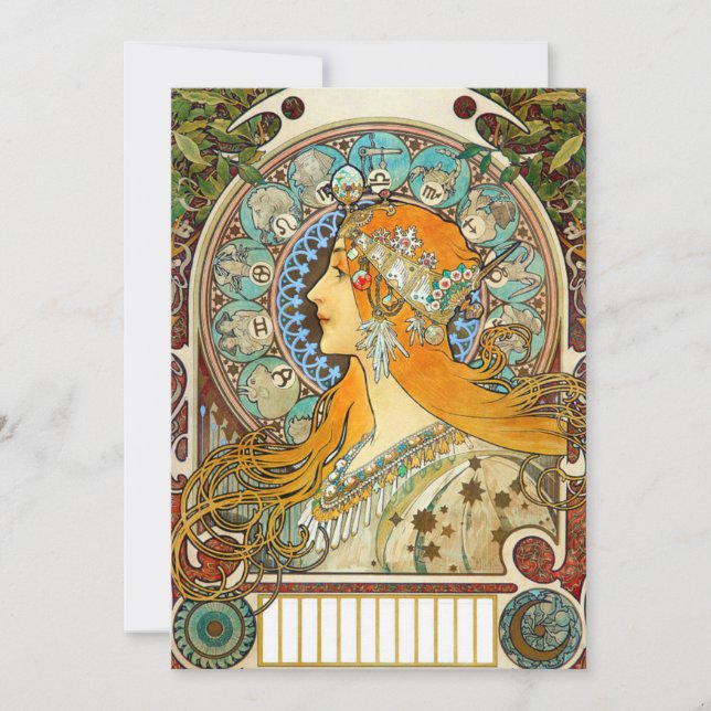 Invitación Alphonse Mucha Art Nouveau Zodiac (Anverso)
