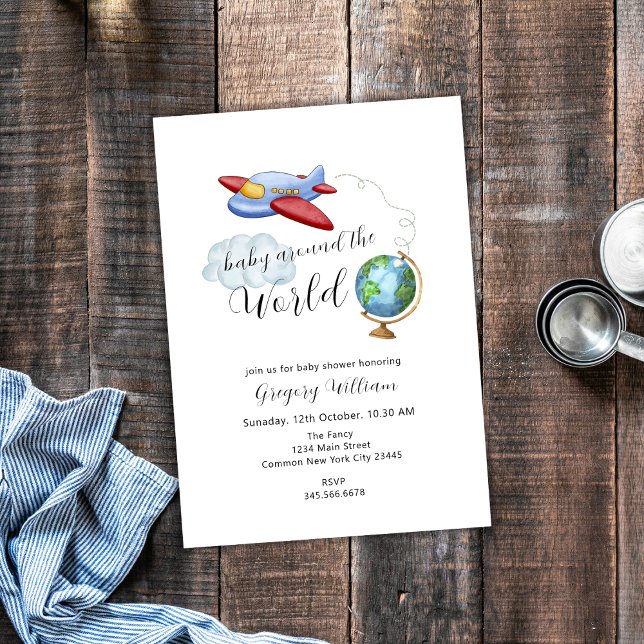 Invitación Alrededor Del Baby Shower Del Avión Mapa Mundial (Around The World Map Airplane Baby Shower Invitation)
