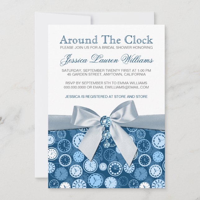 Invitación Alrededor del reloj Blue Bridal Shower Invita (Anverso)