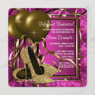 Invitación Alta tacón Mujeres Hot Pink and Gold Birday Party 